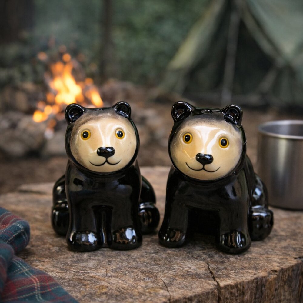 Black Bear Salt and Pepper Shakers Ceramic Hand Painted Cottagecore Style Decor